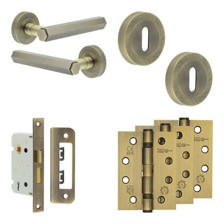 Complete Hex Door Handle Pack - Sashlock - Antique Brass - 65mm / 4-inch Hinges - JE-C7A8-AB