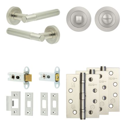 Complete Venice Door Handle Pack - Heavy Duty Tubular Bathroom (Standard Thumb Turn) - Satin Nickel - 64mm / 4-inch Hinges - JE-F30A3-SN