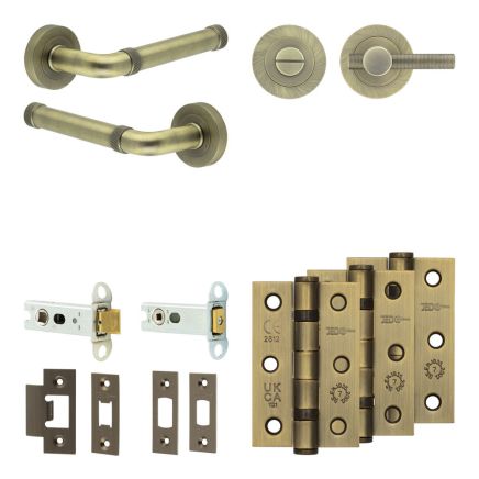 Complete Midtown Door Handle Pack - Heavy Duty Tubular Bathroom (Knurled Thumb Turn) - Antique Brass - 76mm / 3-inch Hinges - JE-G31B1-AB