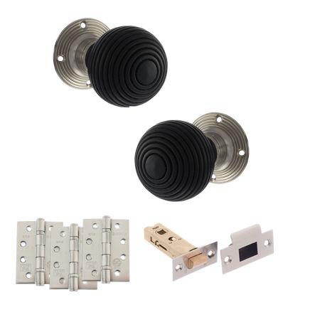 Old English Whitby Door Knob Pack (Latch Set - 3" HD Latch, 4" Fire Rated Hinges x3) - Satin Nickel