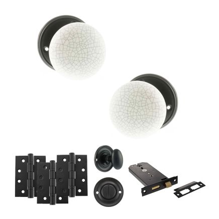Old English Skipton Door Knob Pack (Lock Set - Horizontal Bathlock, 4" Fire Rated Hinges x3) - Matt Black
