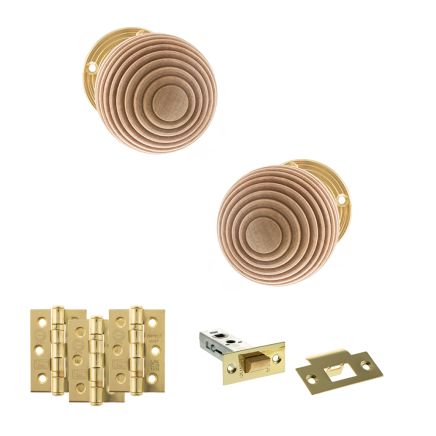 Old English Bridlington Door Knob Pack (Latch Set - 3" HD Latch, 3" Fire Rated Hinges x3) - Polished Brass