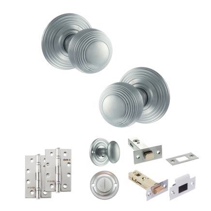 Old English Ripon Door Knob Pack (Bathroom Set - 3" Deadbolt, 4" Slim Knuckle Hinges x2) - Satin Chrome