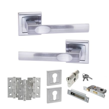 STATUS Kansas Door Handle Pack (Euro Lock Set - 2.5" CE Sashlock, 3" Fire Rated Hinges x3) - Satin Chrome