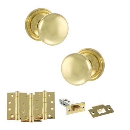 Old English Harrogate Door Knob Pack (Latch Set - 3" HD Latch, 4" Fire Rated Hinges x3) - Polished Brass
