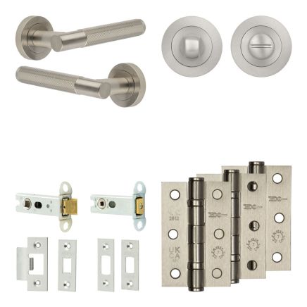 Complete Bari Door Handle Pack - Heavy Duty Tubular Bathroom (Standard Thumb Turn) - Satin Nickel - 76mm / 3-inch Hinges - JE-D31B3-SN