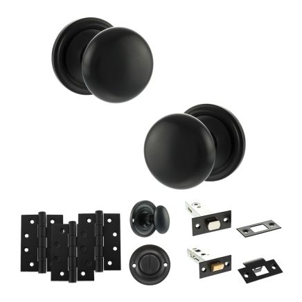 Old English Harrogate Door Knob Pack (Bathroom Set - 3" Deadbolt, 4" Fire Rated Hinges x3) - Matt Black