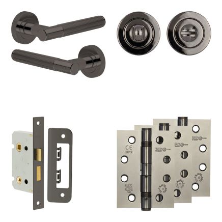 Complete Venice Door Handle Pack - Bathroom Lock (Standard Thumb Turn) - Black Nickel - 65mm / 4-inch Hinges - JE-F5A3-BN
