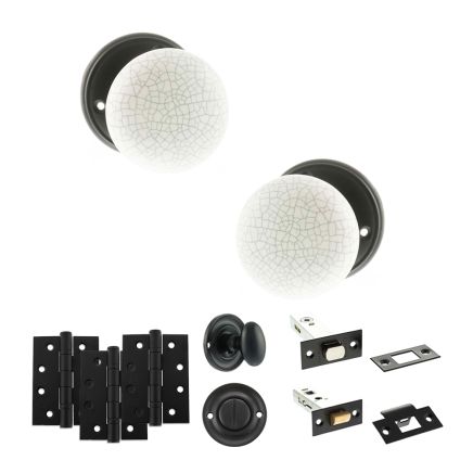 Old English Skipton Door Knob Pack (Bathroom Set - 3" Deadbolt, 4" Fire Rated Hinges x3) - Matt Black