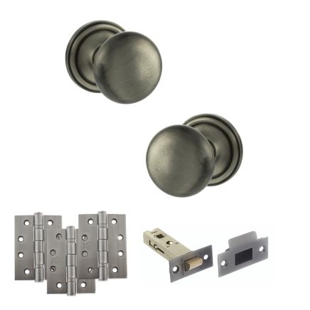 Old English Harrogate Door Knob Pack (Latch Set - 3" HD Latch, 4" Fire Rated Hinges x3) - Matt Gun Metal