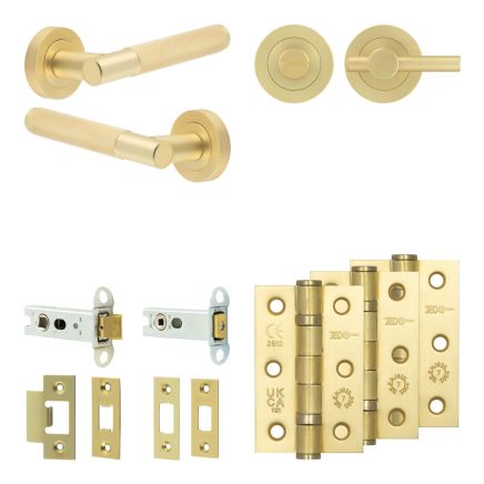 Complete Bari Door Handle Pack - Heavy Duty Tubular Bathroom (Plain Thumb Turn) - Satin Brass - 76mm / 3-inch Hinges - JE-D31B2-SB
