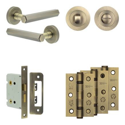 Complete Hex Door Handle Pack - Bathroom - Antique Brass - By Frelan Hardware - JE-C6B3-AB