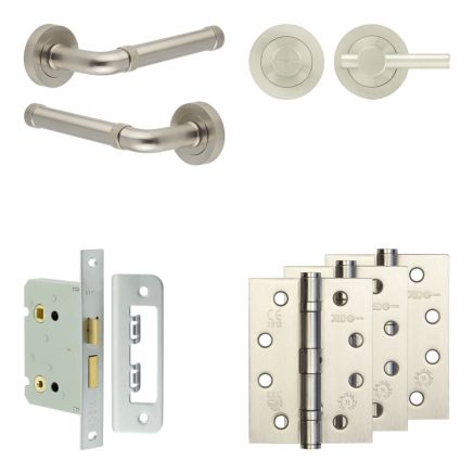 Complete Midtown Door Handle Pack - Bathroom Lock (Plain Thumb Turn) - Satin Nickel - 76mm / 4-inch Hinges - JE-G6A2-SN