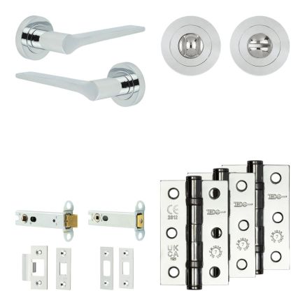 Complete Gio Door Handle Pack - Heavy Duty Tubular Bathroom (Standard Thumb Turn) - Polished Chrome - 102mm / 3-inch Hinges - JE-E32B3-PC