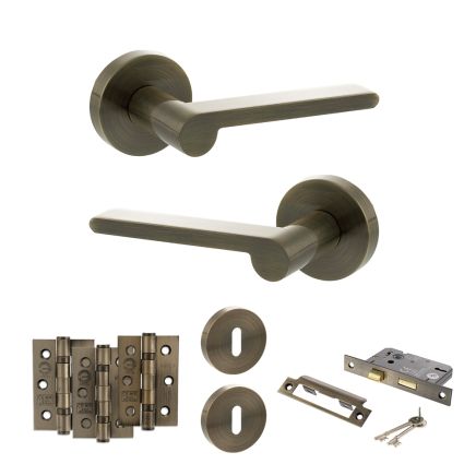 Senza Pari Darrio Door Handle Pack (3 Lever Lock Set - 2.5" CE Sashlock, 3" Fire Rated Hinges x3) - Antique Brass