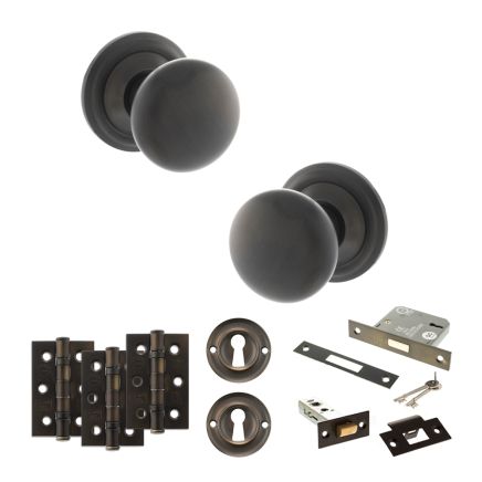 Old English Harrogate Door Knob Pack (Lock Set - 3" Latch & Deadlock, 3" Fire Rated Hinges x3) - Urban Dark Bronze