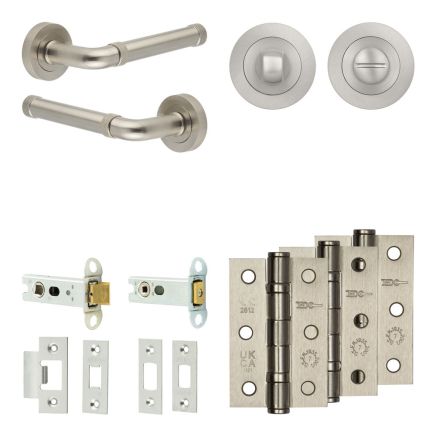 Complete Midtown Door Handle Pack - Heavy Duty Tubular Bathroom (Standard Thumb Turn) - Satin Nickel - 76mm / 3-inch Hinges - JE-G31B3-SN