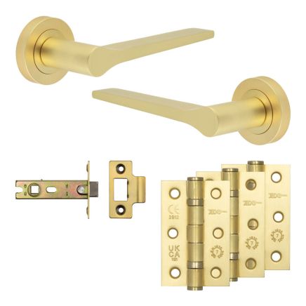 Complete Gio Door Handle Pack - Internal Doors - Satin Brass - 76mm / 3-inch Hinges - JE-E3B-SB
