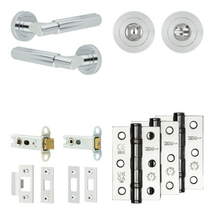 Complete Bloom Door Handle Pack - Heavy Duty Tubular Bathroom (Standard Thumb Turn) - Polished Chrome - 76mm / 3-inch Hinges - JE-B31B3-PC