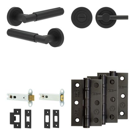 Complete Bloom Door Handle Pack - Heavy Duty Tubular Bathroom (Plain Thumb Turn) - Matt Black - 102mm / 3-inch Hinges - JE-B32B2-MB