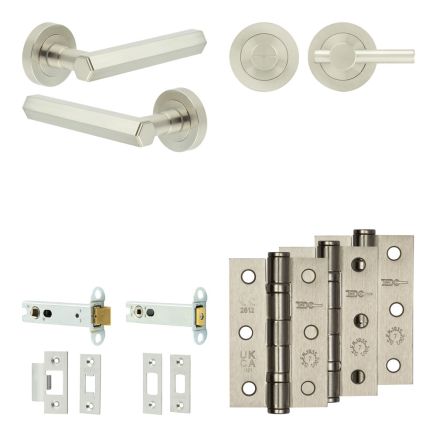 Complete Hex Door Handle Pack - Heavy Duty Tubular Bathroom (Plain Thumb Turn) - Satin Nickel - 102mm / 3-inch Hinges - JE-C32B2-SN