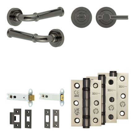 Complete Classic Door Handle Pack - Heavy Duty Tubular Bathroom (Plain Thumb Turn) - Black Nickel - 102mm / 3-inch Hinges - JE-A32B2-BN