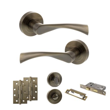 STATUS Colorado Door Handle Pack (Bathroom Set - 2.5" CE Bathroom Lock, 4" Slim Knuckle Hinges x2) - Antique Brass