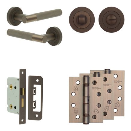 Complete Bari Door Handle Pack - Bathroom Lock (Standard Thumb Turn) - Dark Bronze - 65mm / 4-inch Hinges - JE-D5A3-DB
