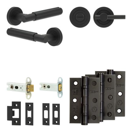 Complete Bloom Door Handle Pack - Heavy Duty Tubular Bathroom (Plain Thumb Turn) - Matt Black - 76mm / 3-inch Hinges - JE-B31B2-MB