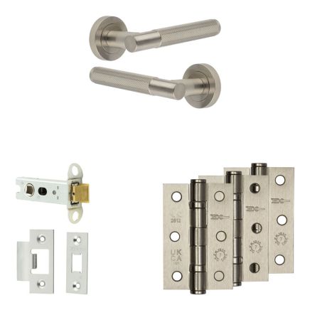 Complete Bari Door Handle Pack - Heavy Duty Latch - Satin Nickel - 76mm / 3-inch Hinges - JE-D21B-SN