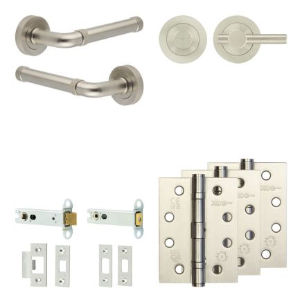 Complete Midtown Door Handle Pack - Heavy Duty Tubular Bathroom (Knurled Thumb Turn) - Satin Nickel - 102mm / 4-inch Hinges - JE-G32A1-SN