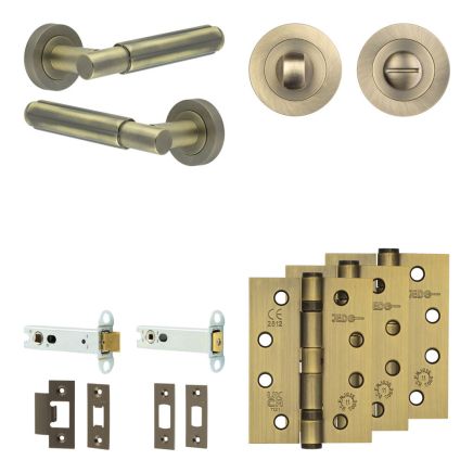 Complete Bloom Door Handle Pack - Heavy Duty Tubular Bathroom (Standard Thumb Turn) - Antique Brass - 102mm / 4-inch Hinges - JE-B32A3-AB