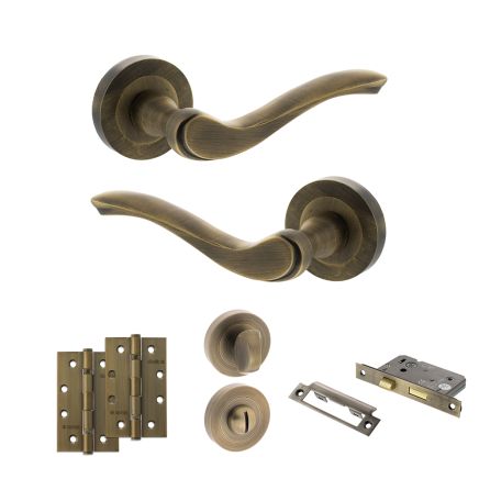 Old English Warwick Door Handle Pack (Bathroom Set - 2.5" CE Bathroom Lock, 4" Slim Knuckle Hinges x2) - Matt Antique Brass