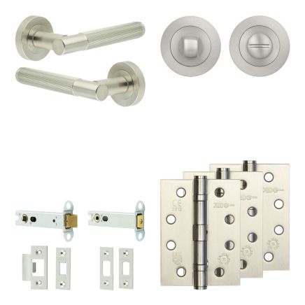 Complete Venice Door Handle Pack - Heavy Duty Tubular Bathroom (Standard Thumb Turn) - Satin Nickel - 102mm / 4-inch Hinges - JE-F32A3-SN