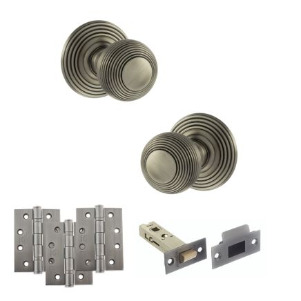 Old English Ripon Door Knob Pack (Latch Set - 3" HD Latch, 4" Fire Rated Hinges x3) - Matt Gun Metal