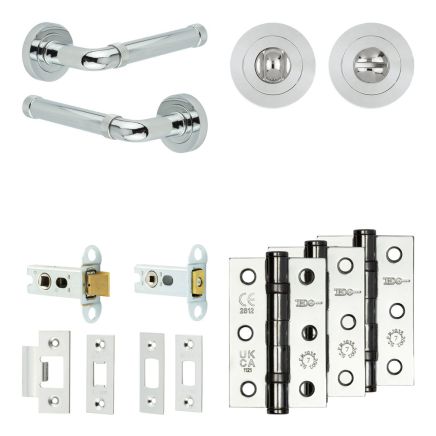 Complete Midtown Door Handle Pack - Heavy Duty Tubular Bathroom (Standard Thumb Turn) - Polished Chrome - 64mm / 3-inch Hinges - JE-G30B3-PC