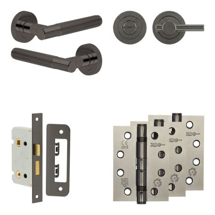 Complete Venice Door Handle Pack - Bathroom Lock (Plain Thumb Turn) - Black Nickel - 65mm / 4-inch Hinges - JE-F5A2-BN