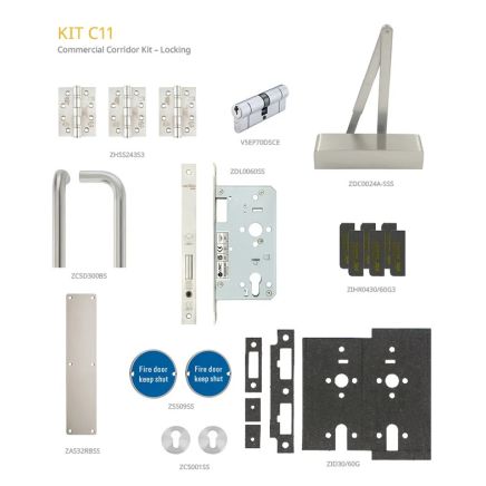 Zoo Hardware Fire Door Pack - FDP-C11-30/60 - Corridor - Locking - Commercial Version - Inc ZDC0024A-SSS - Stainless Steel