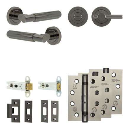 Complete Bloom Door Handle Pack - Heavy Duty Tubular Bathroom (Plain Thumb Turn) - Black Nickel - 76mm / 4-inch Hinges - JE-B31A2-BN