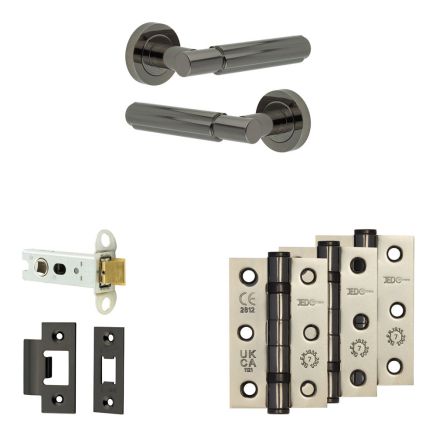 Complete Bloom Door Handle Pack - Heavy Duty Latch - Black Nickel - 76mm / 3-inch Hinges - JE-B21B-BN