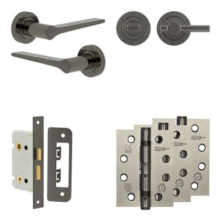 Complete Gio Door Handle Pack - Bathroom Lock (Plain Thumb Turn) - Black Nickel - 65mm / 4-inch Hinges - JE-E5A2-BN