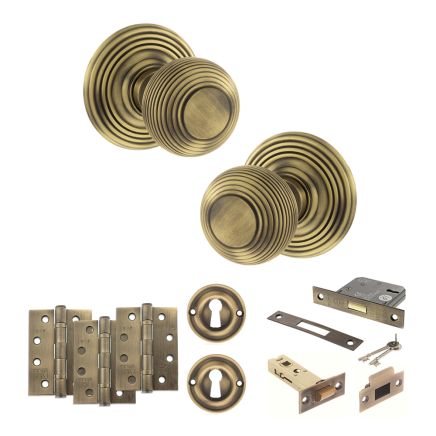 Old English Ripon Door Knob Pack (Lock Set - 3" Latch & Deadlock, 4" Fire Rated Hinges x3) - Matt Antique Brass