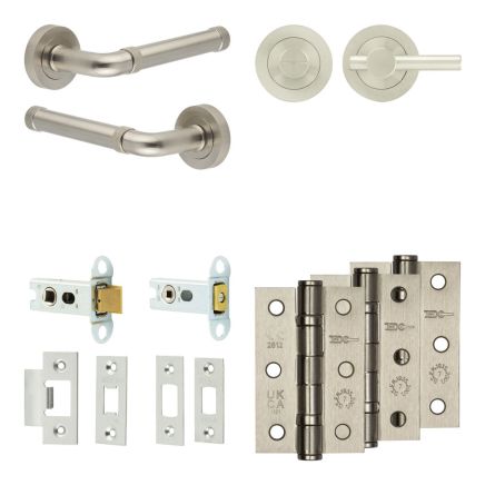 Complete Midtown Door Handle Pack - Heavy Duty Tubular Bathroom (Plain Thumb Turn) - Satin Nickel - 64mm / 3-inch Hinges - JE-G30B2-SN