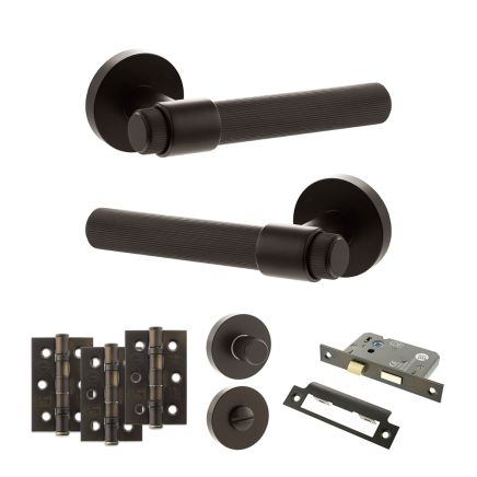 Senza Pari Fasana Door Handle Pack (Bathroom Set - 2.5" CE Bathroom Lock, 3" Fire Rated Hinges x3) - Urban Dark Bronze