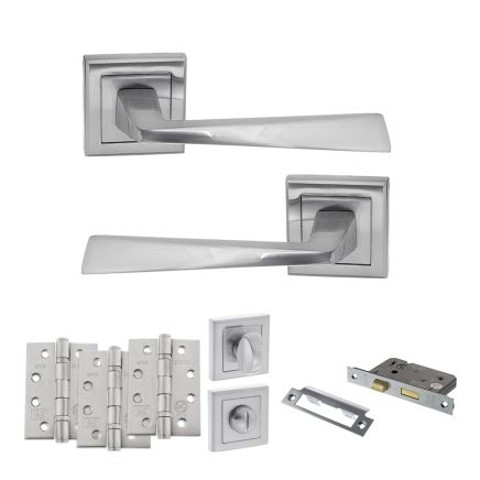 STATUS California Door Handle Pack (Bathroom Set - 2.5" CE Bathroom Lock, 4" Fire Rated Hinges x3) - Satin Chrome