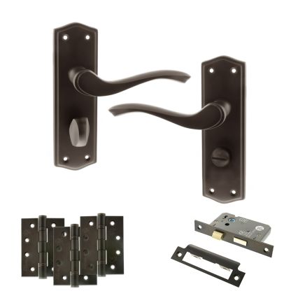 Old English Warwick Door Handle Pack (Bathroom Set - 2.5" CE Bathroom Lock, 4" Fire Rated Hinges x3) - Urban Dark Bronze