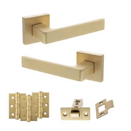 STATUS Montana Door Handle Pack (Latch Set - 3" CE Latch, 3" Fire Rated Hinges x3) - Satin Brass