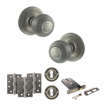 Old English Ripon Door Knob Pack (Lock Set - Horizontal Sashlock, 3" Fire Rated Hinges x3) - Distressed Silver