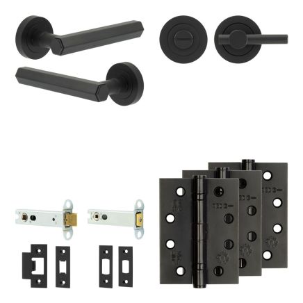 Complete Hex Door Handle Pack - Heavy Duty Tubular Bathroom (Plain Thumb Turn) - Matt Black - 102mm / 4-inch Hinges - JE-C32A2-MB