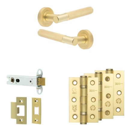 Complete Bari Door Handle Pack - Heavy Duty Latch - Satin Brass - 102mm / 3-inch Hinges - JE-D22B-SB